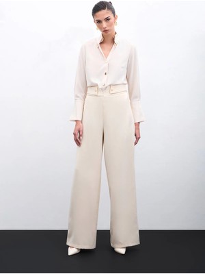 Sateen Bel Detaylı Pantolon - Bej