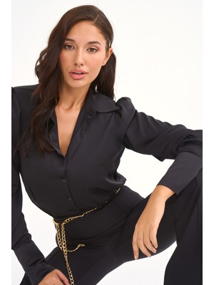 Sateen Vatkalı Saten Gömlek - Siyah