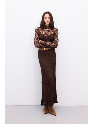 Sateen Transparan Dantel Bluz - Kahve