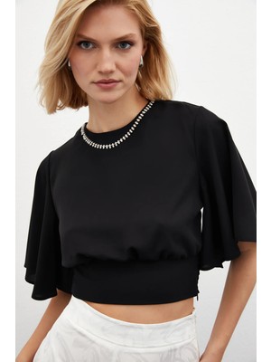 Sateen Kolyeli Kısa Kol Bluz - Siyah