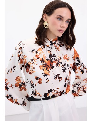 Sateen Dik Yaka Bluz - Oranj