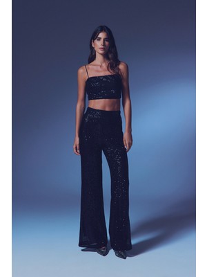 Sateen Payetli Salaş Pantolon - Siyah