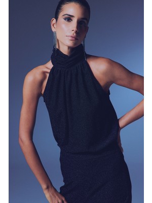 Sateen Kolsuz Parlak Bluz - Siyah