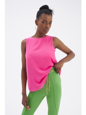 Sateen Kolsuz Salaş Bluz - Fuşya