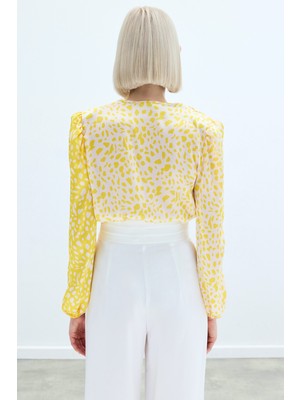 Kruvaze Desenli Bodysuit - Sarı-Ekru