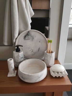 Feyza Design 6'lı Mermer Desen Banyo Seti, Sabunluk, Diş Fırçalık, Havluluk ve Tepsi