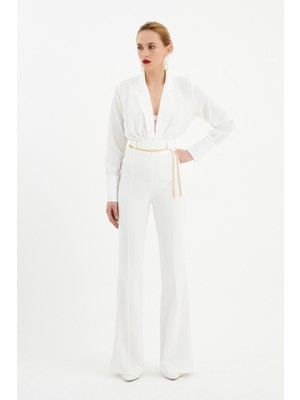 Sateen Zincir Kemerli Pantolon - Ekru