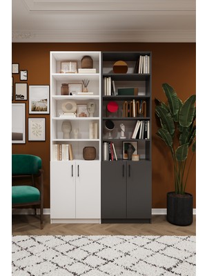 Asra Trend MDF Beyaz/Koyu Gri Kapaklı Kitaplık – Ayarlanabilir Raf, Ev & Ofis Modern Kitaplık, K-47