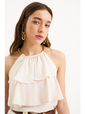 Sateen Zincir Detaylı Volanlı Bluz - Bej