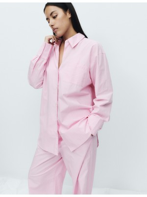Marks & Spencer Saf Pamuklu Çizgili Poplin Pijama Üstü