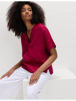 Marks & Spencer %100 Keten V Yaka Popover Bluz
