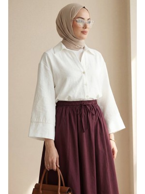 V Yaka Düğmeli Yarım Kol Modal Gömlek -Beyaz