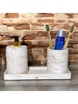 Feyza Design Modern Mermer Desenli 3 Parça Beton Banyo Aksesuar Seti