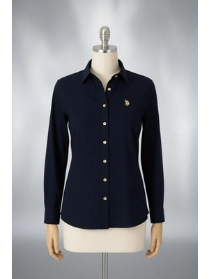U.S. Polo Assn. Kadın Lacivert Basic Gömlek %75 Pamuk Trend Düz Desenli Slim Fit