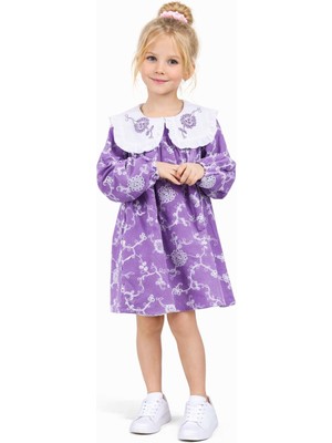 Rapapa Kız Çocuk Lila Desenli Elbise – Beyaz Yakalı Uzun Kollu Şık Çocuk Elbisesi 6017