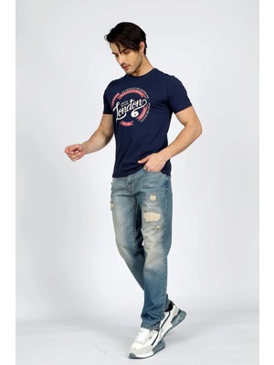 Lee Cooper Oxford Orta-Yüksek Bel Rahat Konik Kesim Daralan Paça %100 Pamuk Mavi Erkek Jean Pantolon