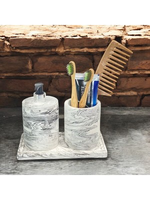 Feyza Design Doğal Görünümlü Mermer Efekti Beton Banyo Aksesuar Seti (3 Parça)