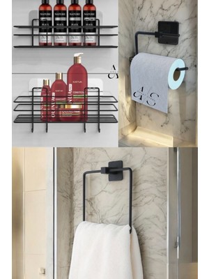 Feyza Design Siyah 4'lü Banyo Seti: Duş Rafı, Kare Havluluk, Wc Kağıtlık