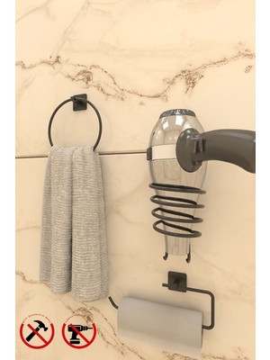 Feyza Design 3'lü Banyo Aksesuar Seti, Kare Tasarım, Halka, Fön Askısı ve Havlu Askısı