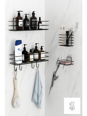 Feyza Design Yapışkanlı Siyah Metal Banyo Rafı 4'lü Düzenleyici Set