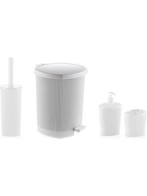 Feyza Design Çizgili Plastik 4 Parça Banyo Seti, Beyaz, Iç Kovalı, Şık ve Kullanışlı