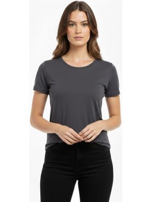Alfanora Kadın T-Shirt Bisiklet Yaka Slim Fit Likralı Tişört Günlük Basic Body - Füme