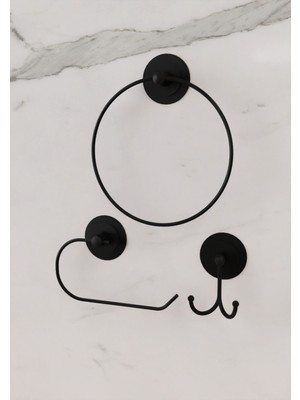 Feyza Design Sağlam Yapışkanlı Siyah Halka Havluluk ve Bornoz Askısı Seti