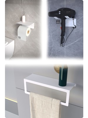 Feyza Design Modern Metal 3'lü Set: Tuvalet Kağıtlık, Havlu Askısı ve Fön Tutucu