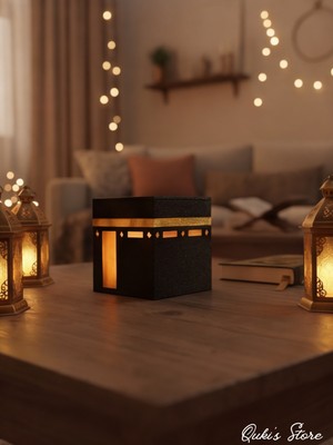 Qukis Store Kâbe Tasarımlı Tealight Mumluk, Ramazan ve Islami Dekorasyon, Pilli Mum Dahil, 8 Cm, 1 Adet,