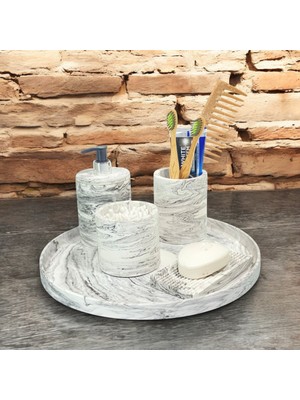 Feyza Design Vintage Tarzda Mermer Desenli 5 Parça Beton Banyo Aksesuar Seti