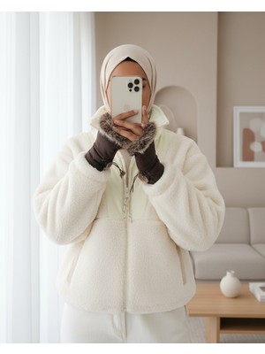 Modamorfo Içi Astarlı Cepli Önü Fermuarlı Peluş Mont -Ekru