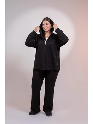 Roxxlen Kadın Büyük Beden Grogren Detaylı Eşofman Siyah Örme Kumaş ile Rahat ve Şık