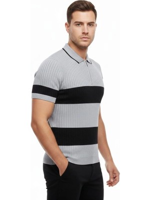 Alfanora Erkek T-Shirt Çizgili Triko Dokuma Kumaş Polo Yaka Yarım Fermuarlı Regular Kalıp Tişört - Gri
