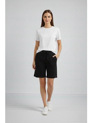 Alfanora Kadın Dokuma Otoban Şort Beli Lastikli Bağcıklı, Cepli, Rahat Kesim Günlük Yazlık Şort - Siyah