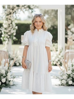 Melek Kostak Fisto Yakalı Düğmeli Fırfır Detaylı Etek Fisto Volanlı Astarsız Cepli Midi Gömlek Elbise