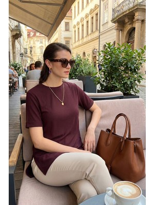 Lela Oversize Bisiklet Yaka Yırtmaç Detaylı Bluz Bayan Bluz 5869000