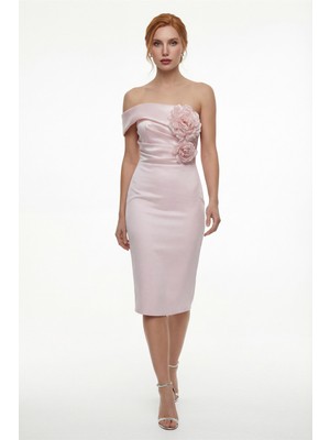 Lafaba Kadın Pudra Kayık Yaka Çiçek Detaylı Söz Nişan Nikah Abiye Elbise