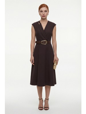 Lafaba Kadın Kahverengi Kruvaze Yaka Kemerli Midi Elbise