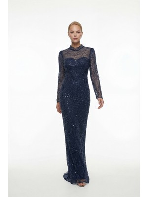 Lafaba Kadın Lacivert Uzun Kol Dik Yaka Taşlı Özel Tasarım Abiye