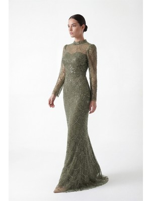 Lafaba Kadın Haki Uzun Kol Dik Yaka Taşlı Özel Tasarım Abiye