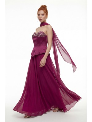 Lafaba Kadın Bordo Straplez Yaka Taşlı Peplum Detay Uzun Abiye Elbise