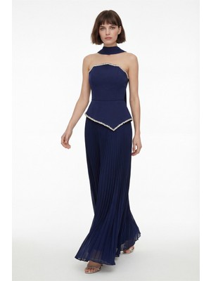 Lafaba Kadın Lacivert Dar Kalıp Şal Yaka Piliseli Uzun Abiye Elbise