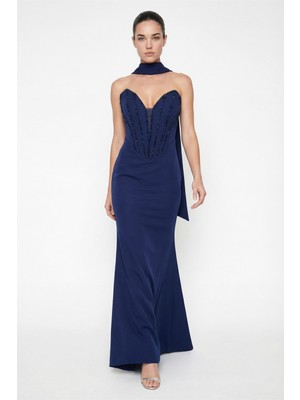 Lafaba Kadın Lacivert Straplez Yaka Taşlı Uzun Balık Abiye Elbise