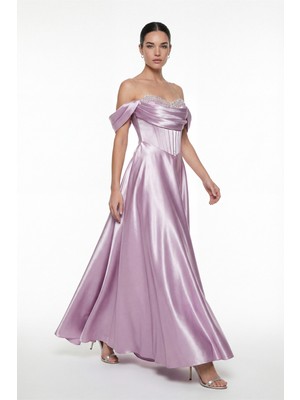 Lafaba Kadın Pudra Kayık Yaka Taşlı Uzun Söz Nişan Nikah Abiye Elbise