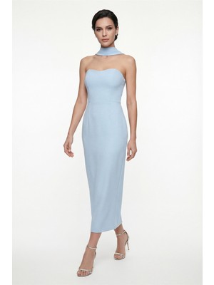 Lafaba Kadın Bebe Mavi Şal Yaka Midi Söz Nişan Nikah Abiye Elbise