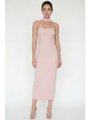 Lafaba Kadın Pudra Şal Yaka Midi Söz Nişan Nikah Abiye Elbise