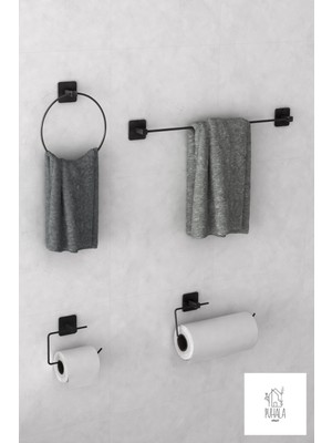 Feyza Design Siyah 4'lü Banyo Seti, Uzun Havluluk, Yuvarlak Havluluk ve Tuvalet Kağıtlığı