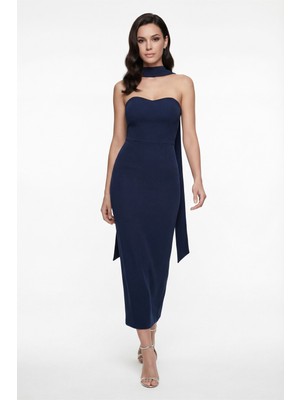 Lafaba Kadın Lacivert Şal Yaka Midi Söz Nişan Nikah Abiye Elbise