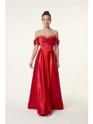 Lafaba Kadın Kırmızı Kayık Yaka Taşlı Uzun Söz Nişan Nikah Abiye Elbise