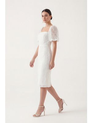 Lafaba Kadın Beyaz Kare Yaka Balon Kol Midi Söz Nişan Nikah Abiye Elbise